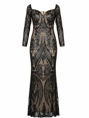 Black Beaded Long Sleeve Evening Gown
